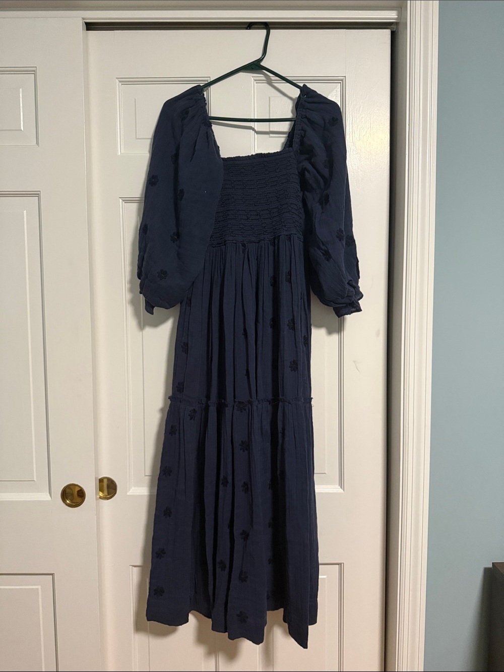 FREE PEOPLE Smocked Square-Neck Navy Maxi Dress with Puff Sleeves